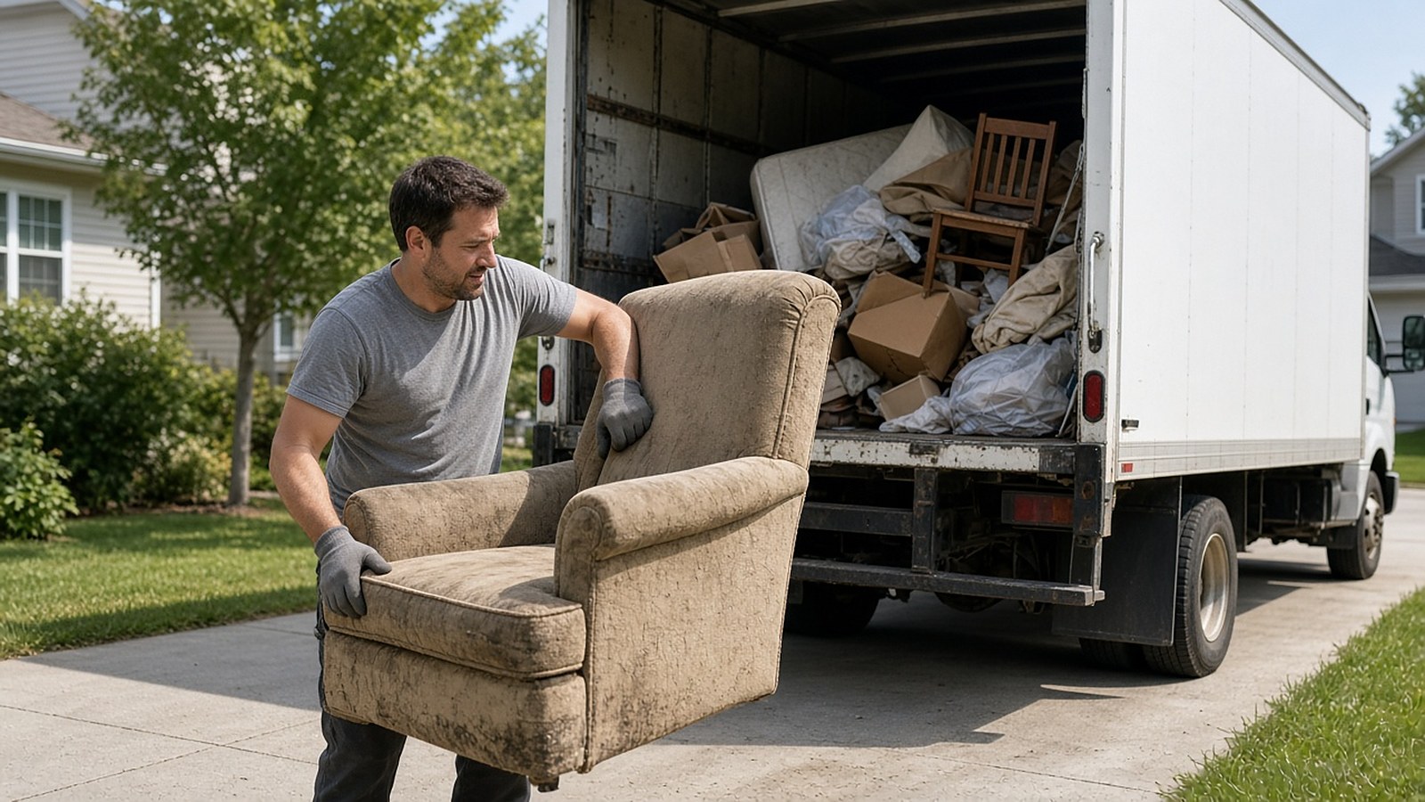 Illustrative image of workers loading an old armchair into a removal truck.